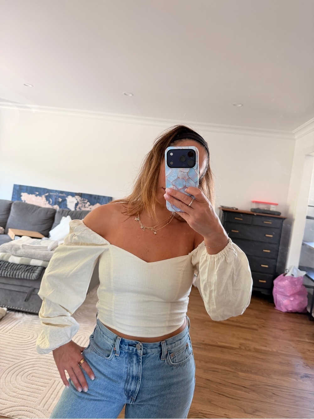 Off-Shoulder Cream Puff Sleeve Women's Top